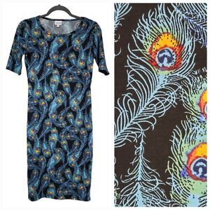 NWT LuLaRoe Peacock Feather Print Dress Julia Midi Black Fitted Sheath Bodycon